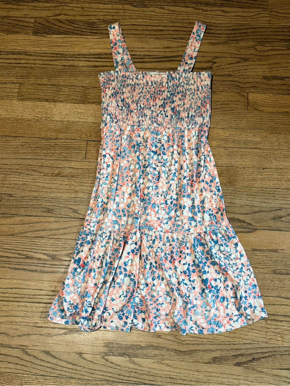 LOFT Floral Smocked Sundress in Coral and Blue